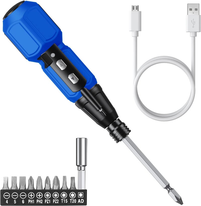 AMIR Power Screwdriver Cordless Rechargeable, Electric Screwdriver Sets, Portable Automatic Home Repair Tool Kit, Motorized Screwdriver with LED Lights and USB Cable, Blue - Image 1